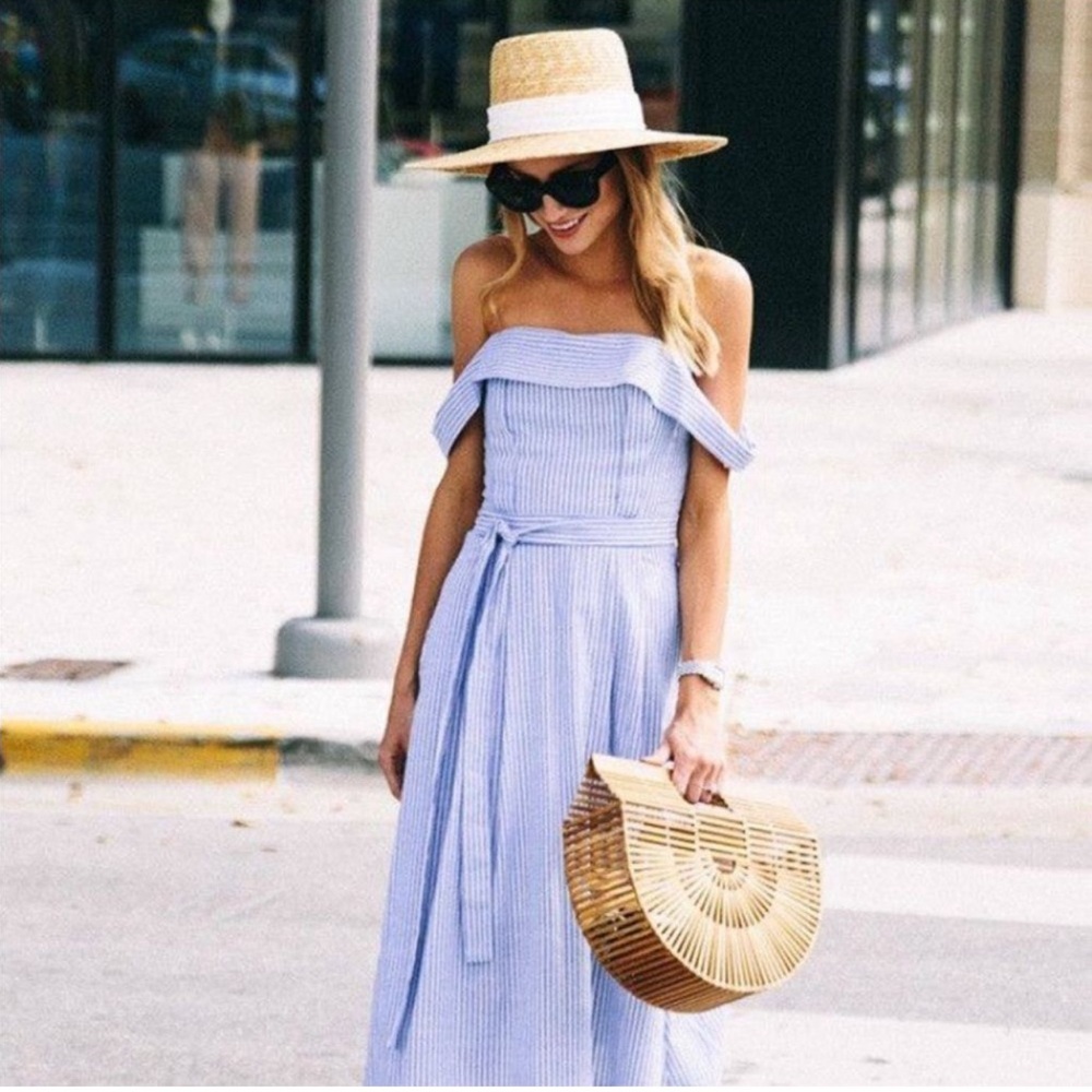 J.O.A. Striped poplin off-the-shoulder midi dress